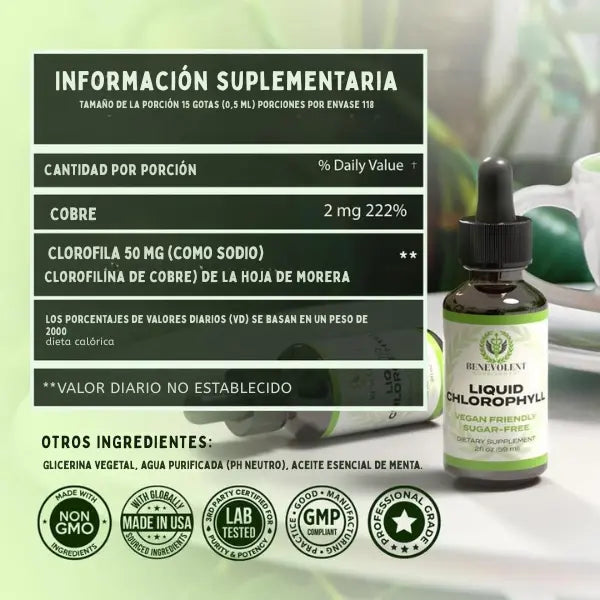 Benevolent® Clorofila Líquida | Chupa la barriga y hace détox a tu cuerpo